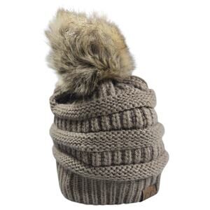 C.C. Originals Taupe Knit Beanie Hat Toque Faux Fur Pom Pom Wom OSFM Warm Winter